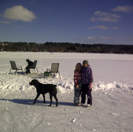 Skating and ice fishing on Georgian Bay in front of the cottage rental